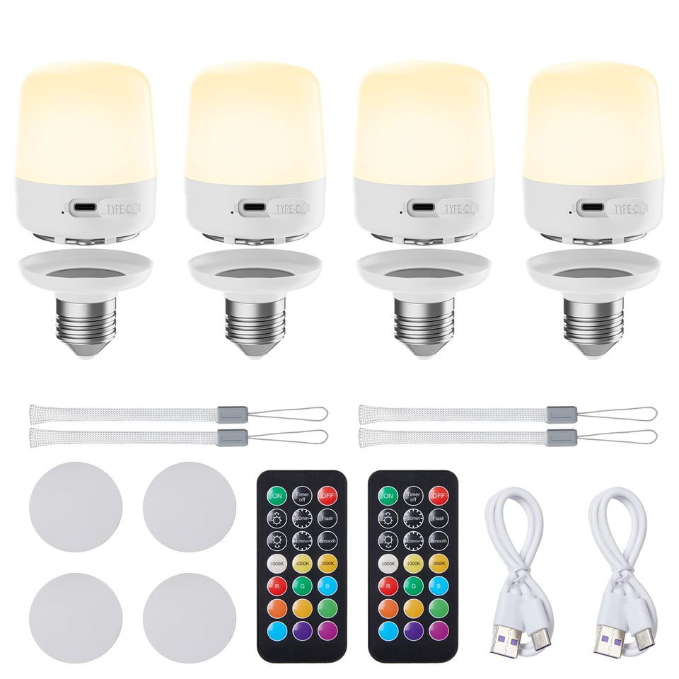 Minetom E26 rechargeable bulb charging via USB for long-lasting power.