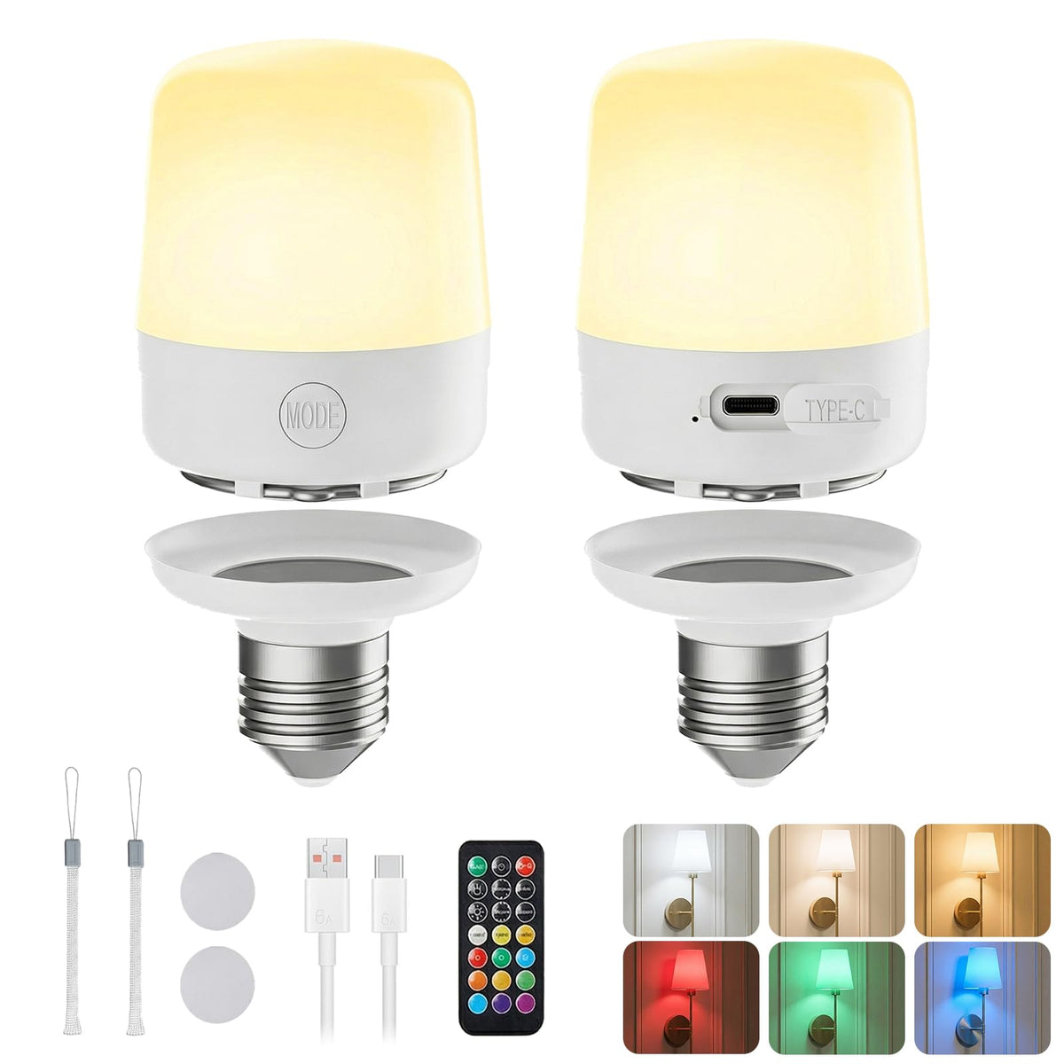 Minetom E26 rechargeable bulb with remote for easy wireless control and color selection.