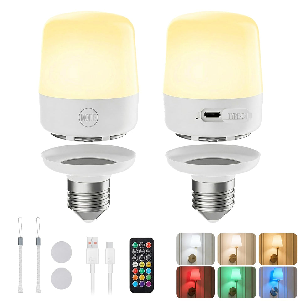 Minetom E26 rechargeable bulb with remote for easy wireless control and color selection.