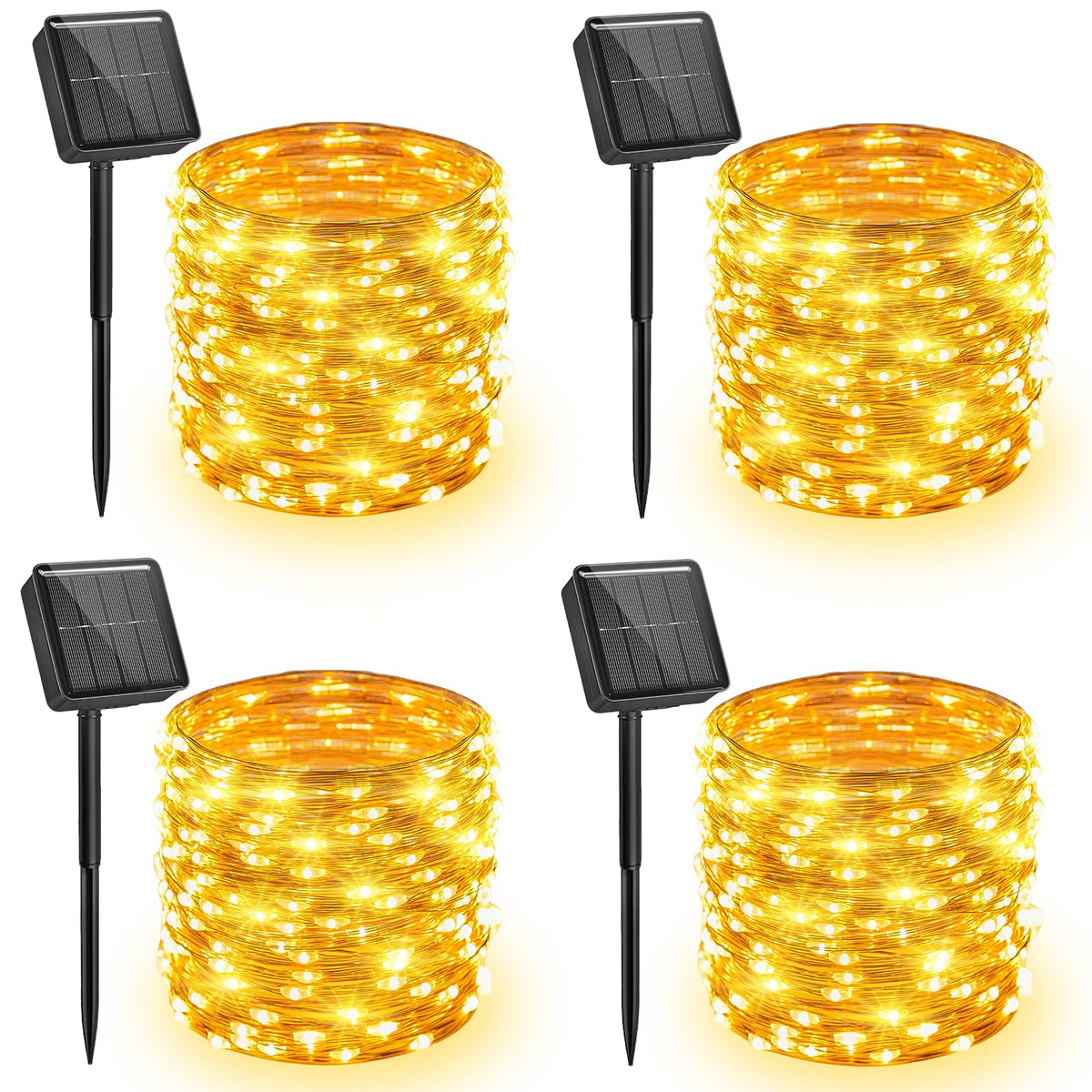 Minetom four-pack solar string lights illuminate outdoor patio with 132 ft warm white LEDs
