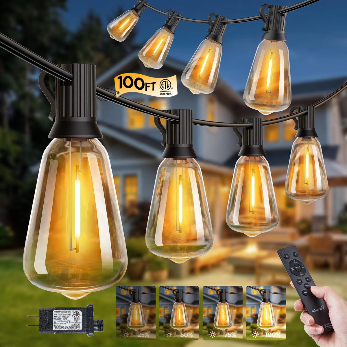 Minetom outdoor lighting with remote control for easy brightness adjustments.