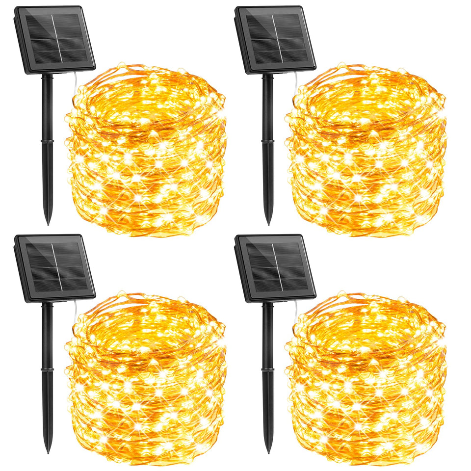 Minetom solar string lights 33ft set with 100 LEDs, warm white outdoor ambiance