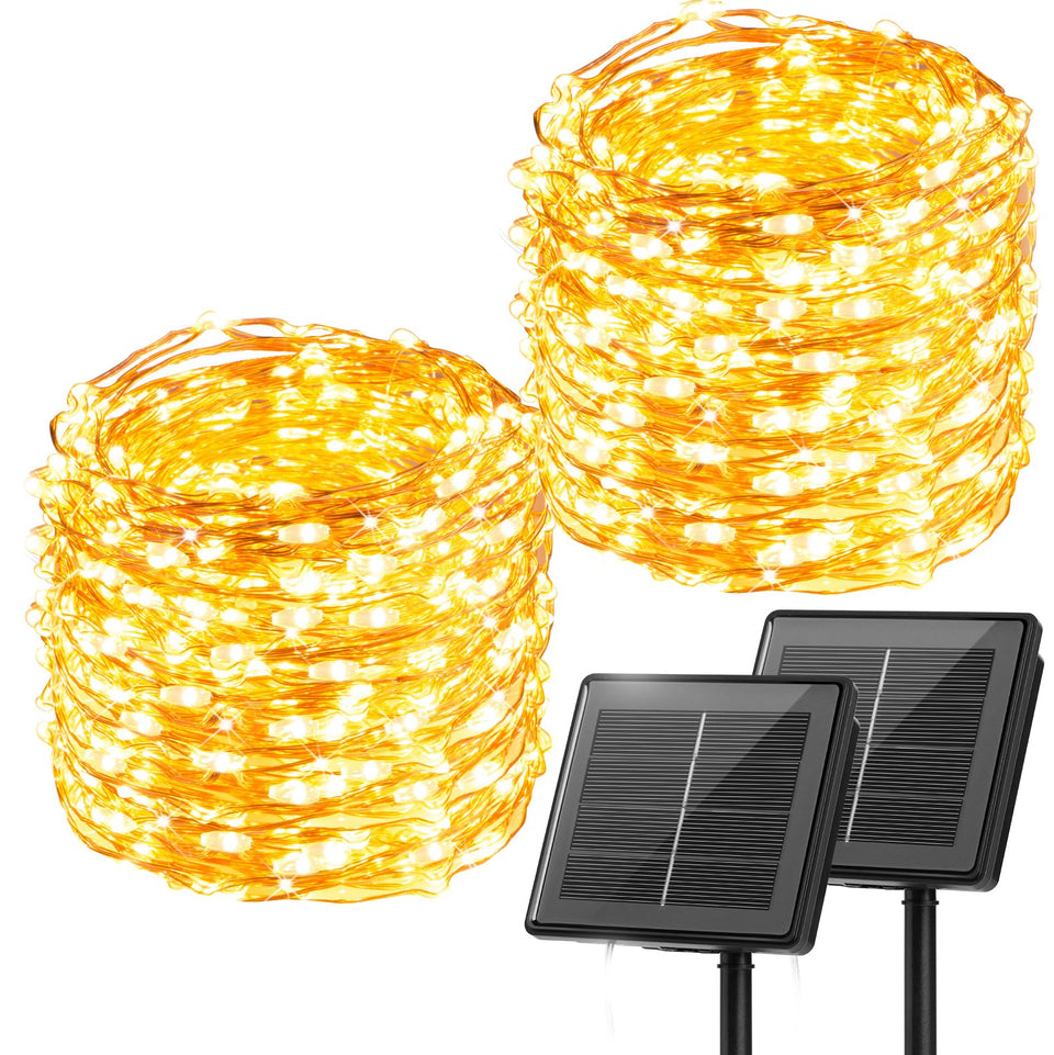 Minetom solar string lights package shows two 33ft sets ready for outdoor decorating.