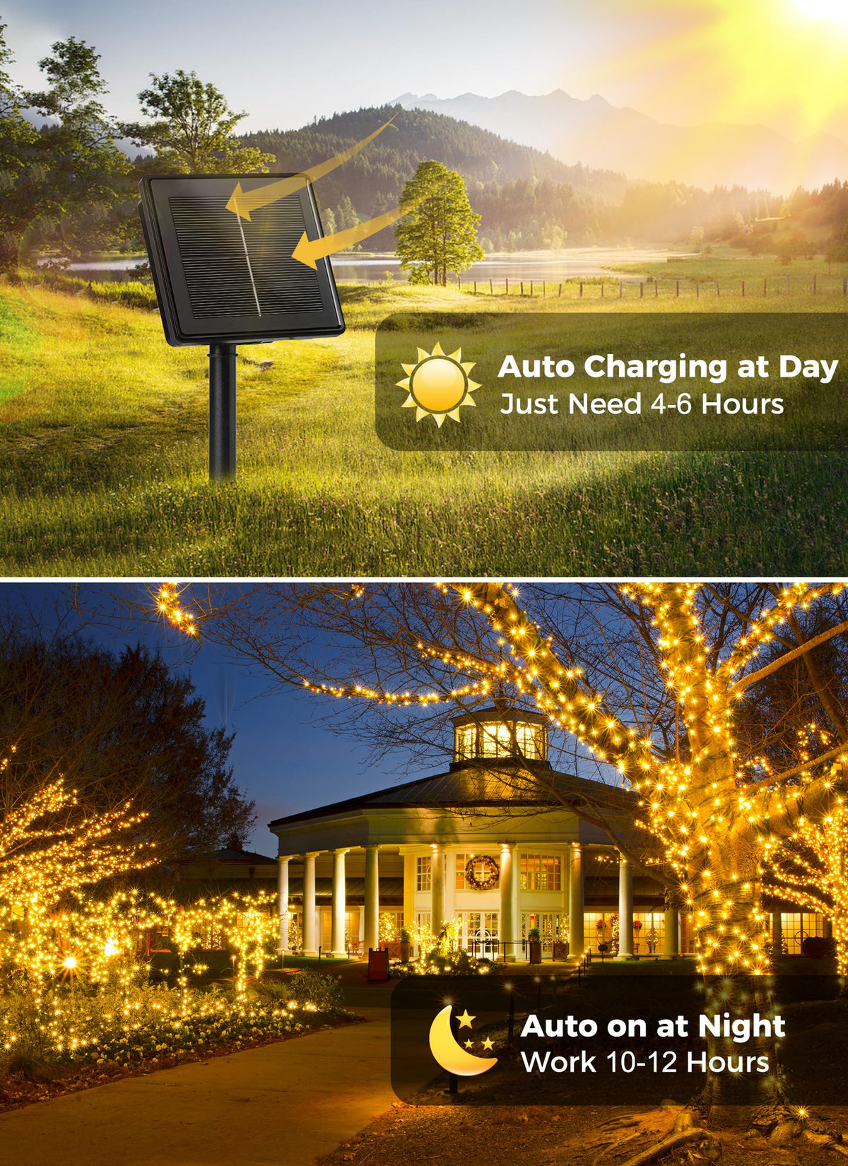 Minetom solar string lights auto on at dusk, saving energy.