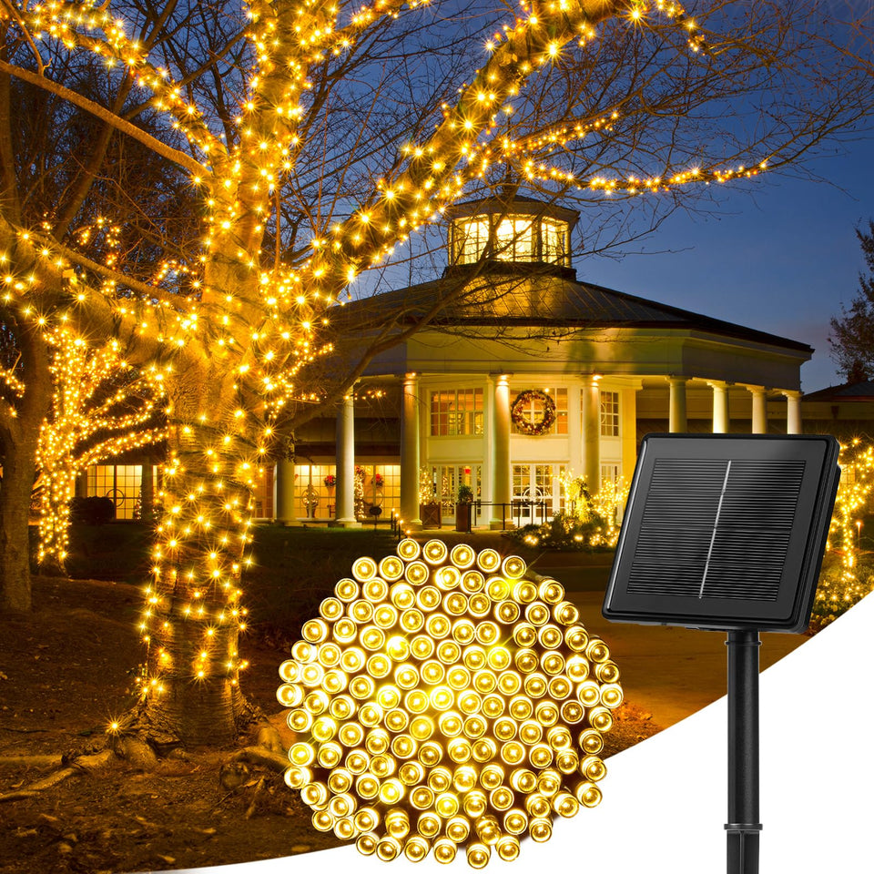 Minetom solar string lights outdoors 72ft with warm white LEDs for garden ambience.