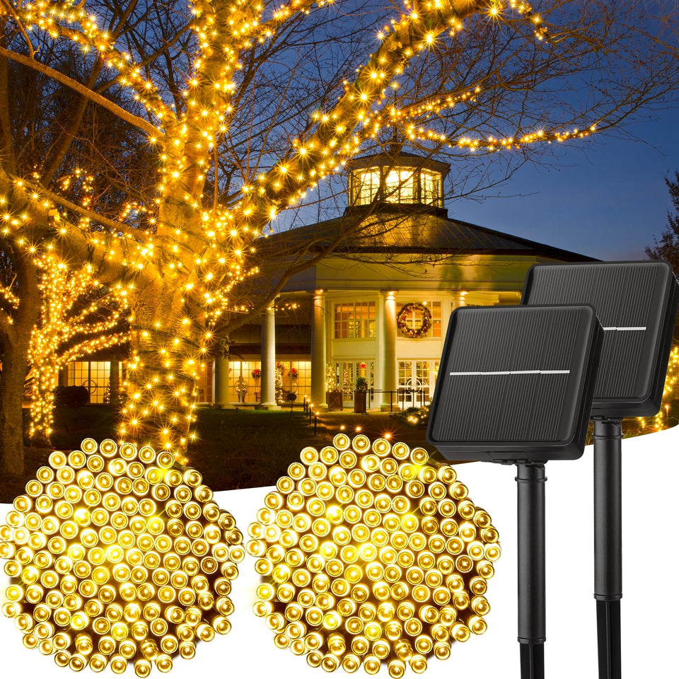 Minetom solar string lights for outdoor patio with warm glow.
