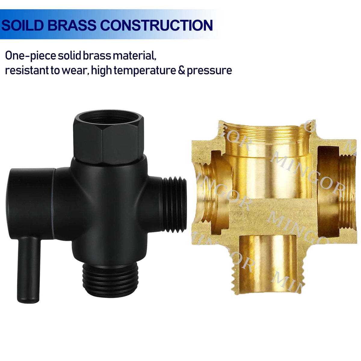 Brass diverter assembly with inlet and outlet connections for reliability.