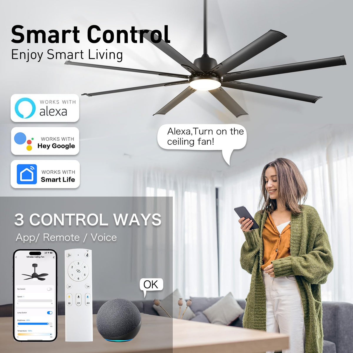 Minislak smart ceiling fan with light and remote enables WiFi Alexa voice control.