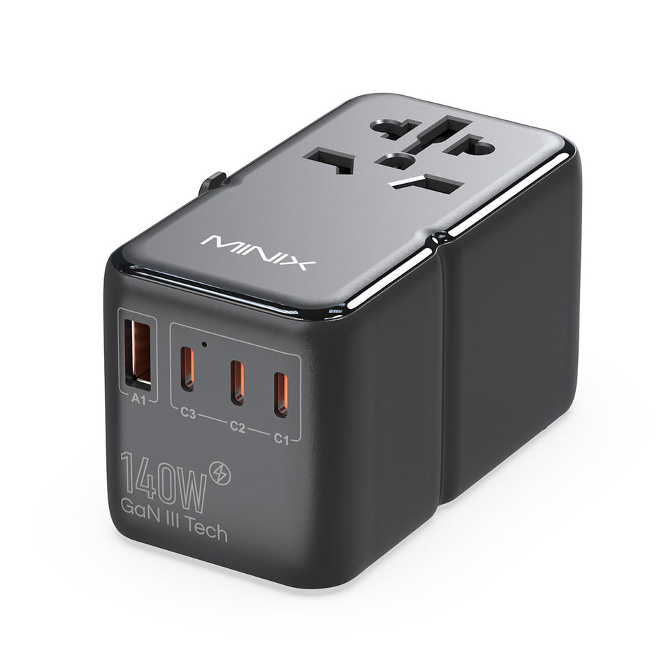 MINIX 140W universal travel adapter in front view, compact GaN design for travel.
