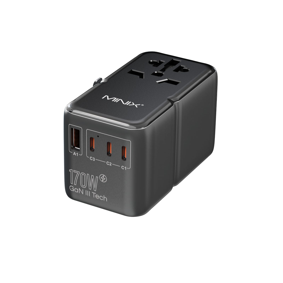 MINIX 170W GaN III travel adapter front view showing compact universal charger.