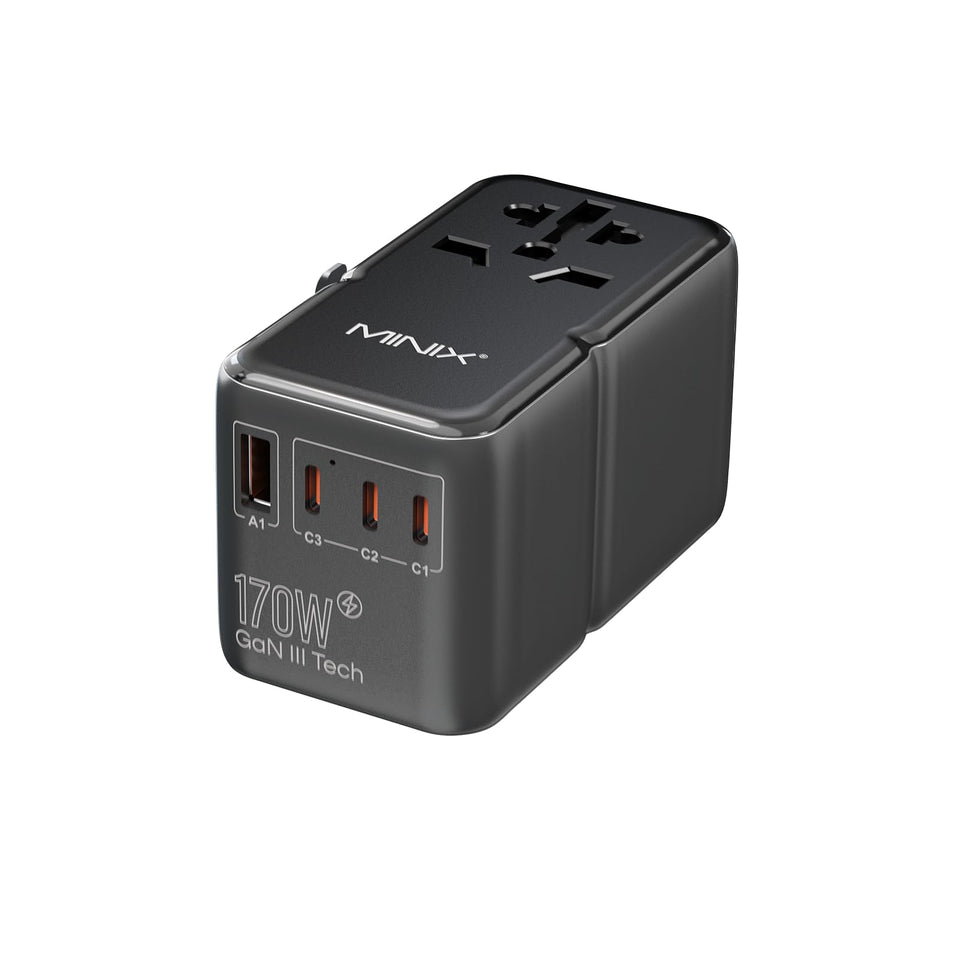 MINIX 170W GaN III travel adapter front view showing compact universal charger.