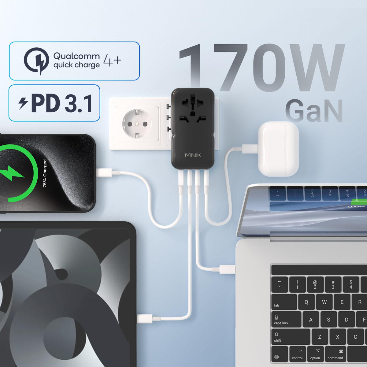 MINIX universal plug coverage for 180+ countries supports worldwide travel charging.