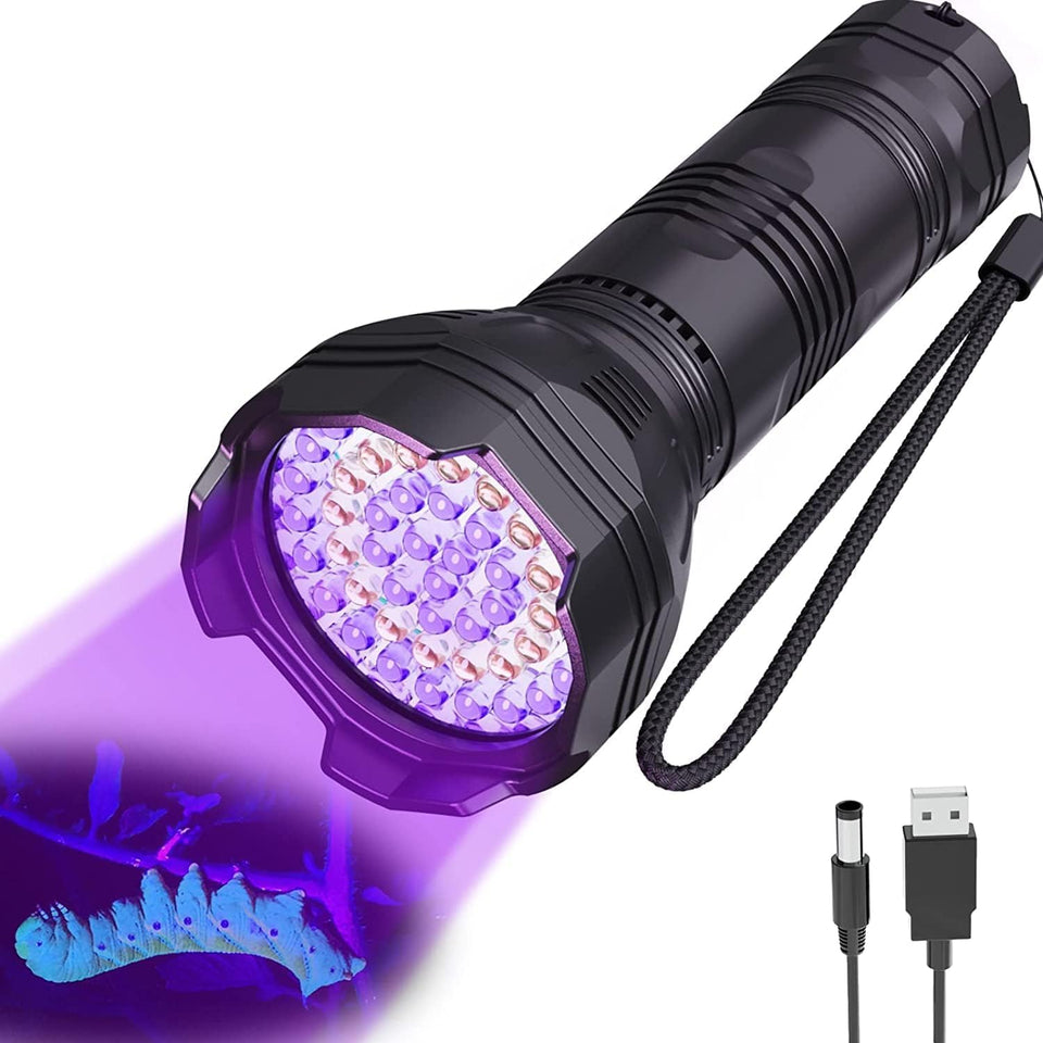MINORZ UV flashlight reveals fluorescence for precise pet stain detection.