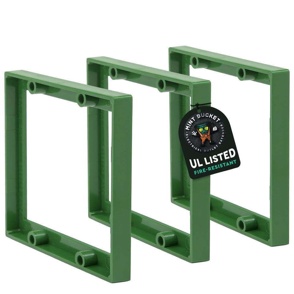 Mint Bucket Brands 3-8 inch double gang outlet extender front view for a flush wall finish.