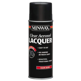 Minwax 15200 gloss brushing lacquer spray bottle shown for a smooth interior wood finish