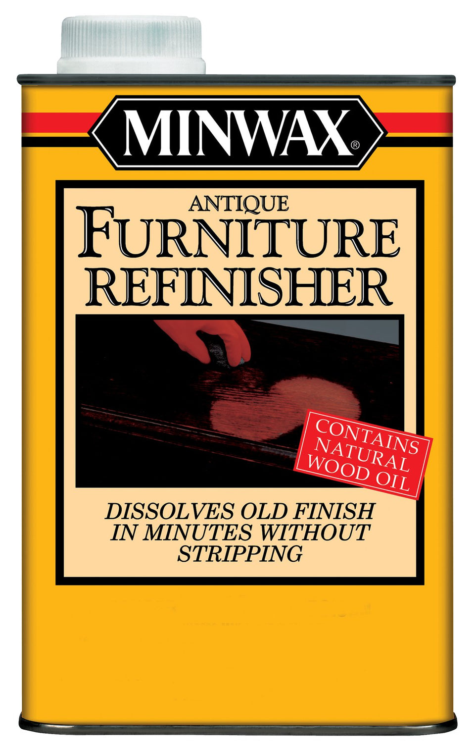 Minwax Antique Furniture Refinisher bottle restores wood by dissolving old finishes without sanding