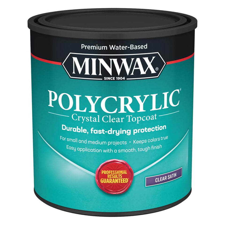 Minwax clear polycrylic satin bottle protects wood with crystal-clear satin finish