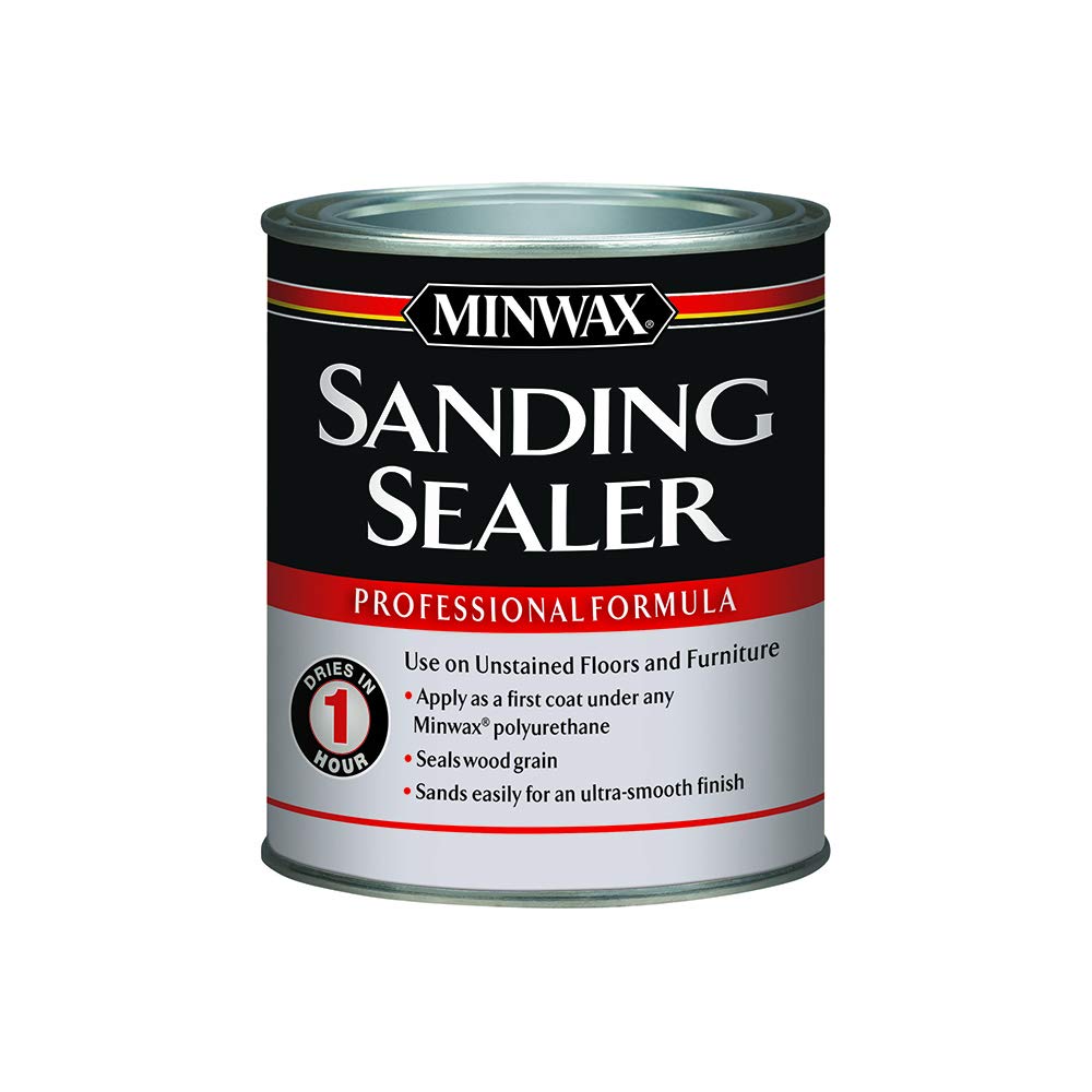 Minwax clear sanding sealer applied to bare wood for grain sealing and prep