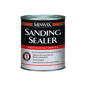 Minwax clear sanding sealer applied to bare wood for grain sealing and prep