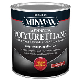 Minwax fast-drying polyurethane bottle pour for quick wood protection.