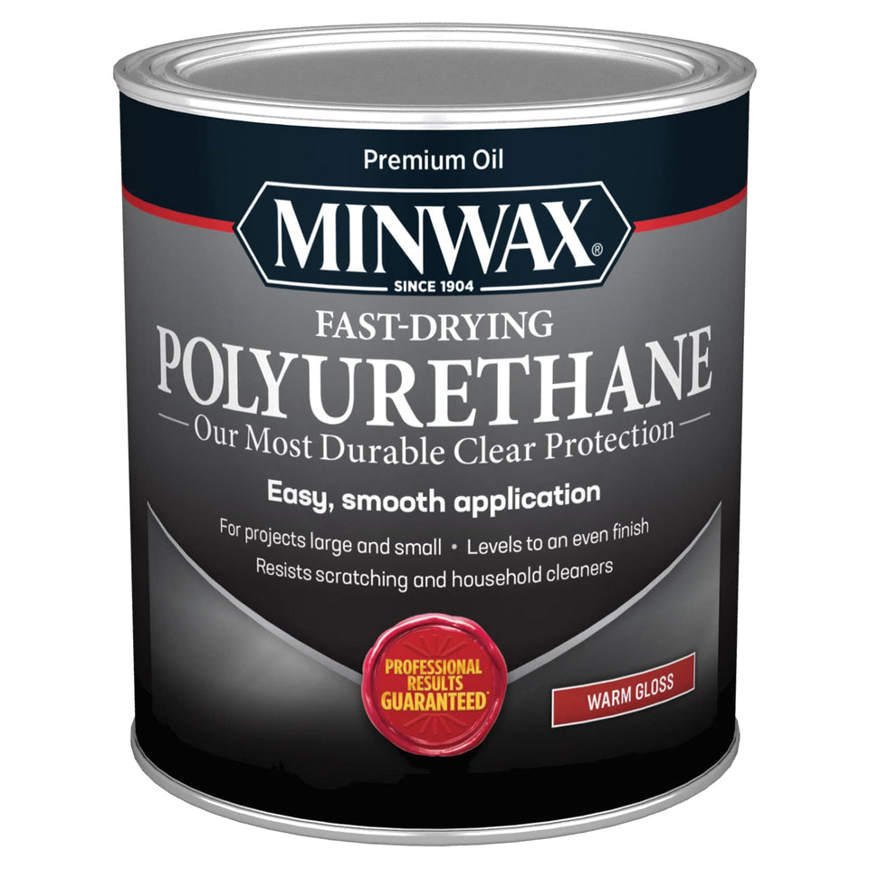 Minwax fast-drying polyurethane bottle pour for quick wood protection.