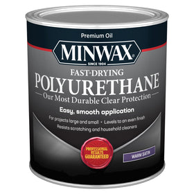 Minwax fast-drying polyurethane bottle shows warm satin finish and durable wood protection