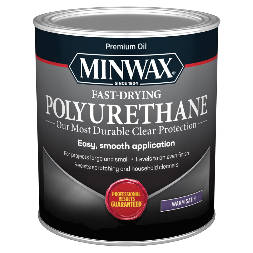 Minwax fast-drying polyurethane bottle shows warm satin finish and durable wood protection