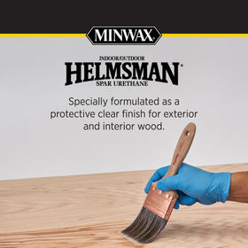Minwax Helmsman swatch showing semi-gloss finish with UV protection.