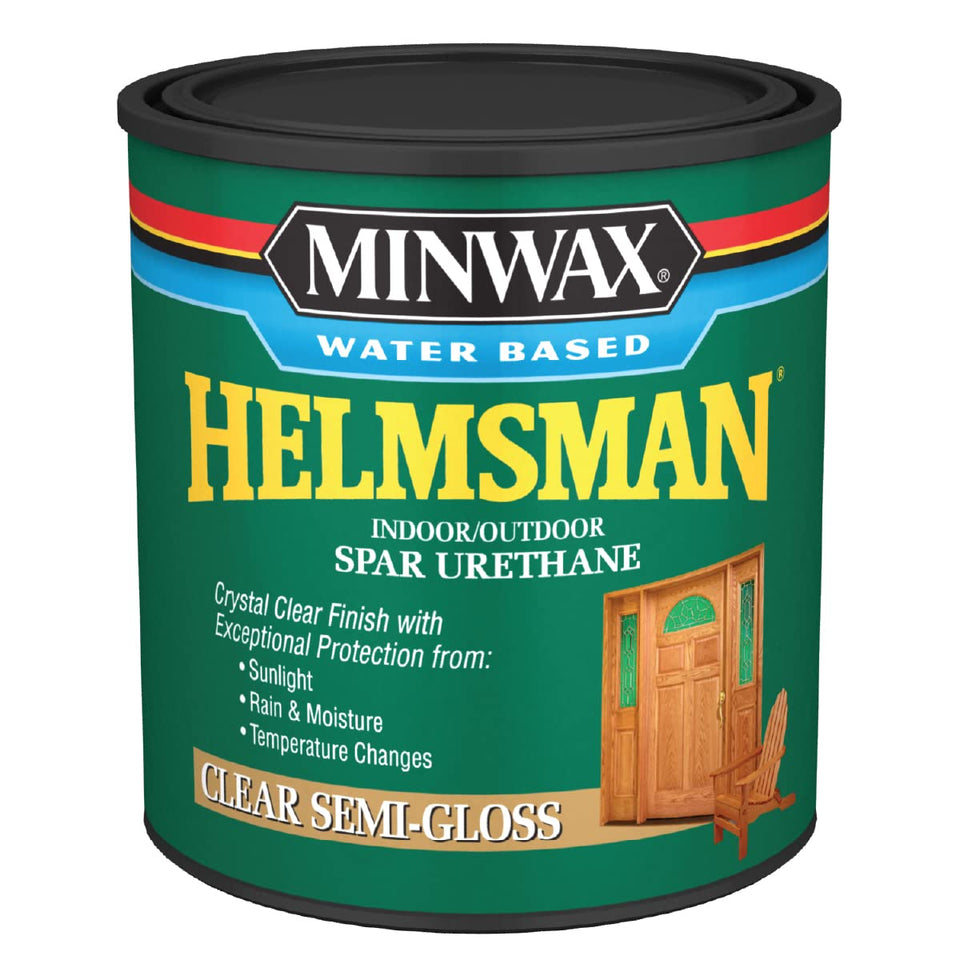 Minwax Helmsman spar urethane bottle for interior and exterior wood protection.