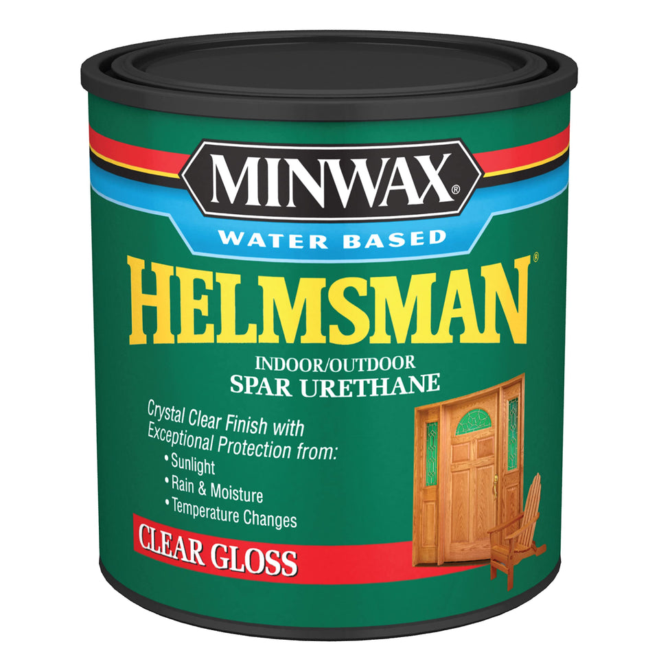 Minwax Helmsman gloss bottle ready for wood protection.