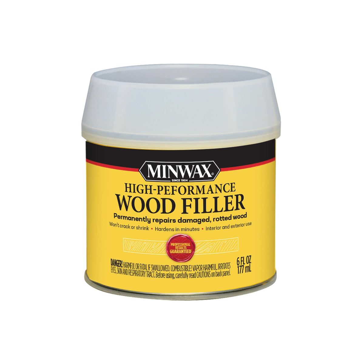 Minwax High-Performance Wood Filler 6oz can for precise indoor repairs.