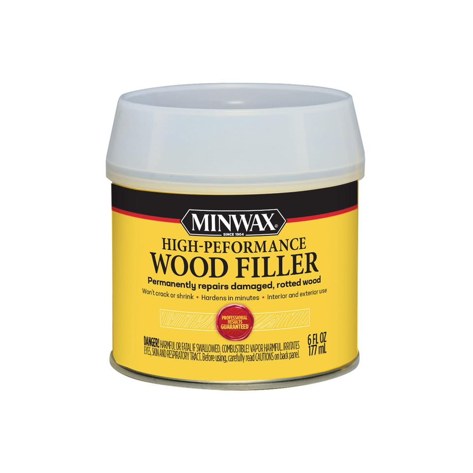 Minwax High-Performance Wood Filler 6oz can for precise indoor repairs.