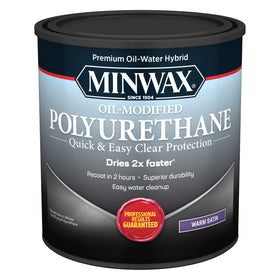 Minwax Oil-Modified Polyurethane bottle pour reveals a smooth, clear finish for interior wood