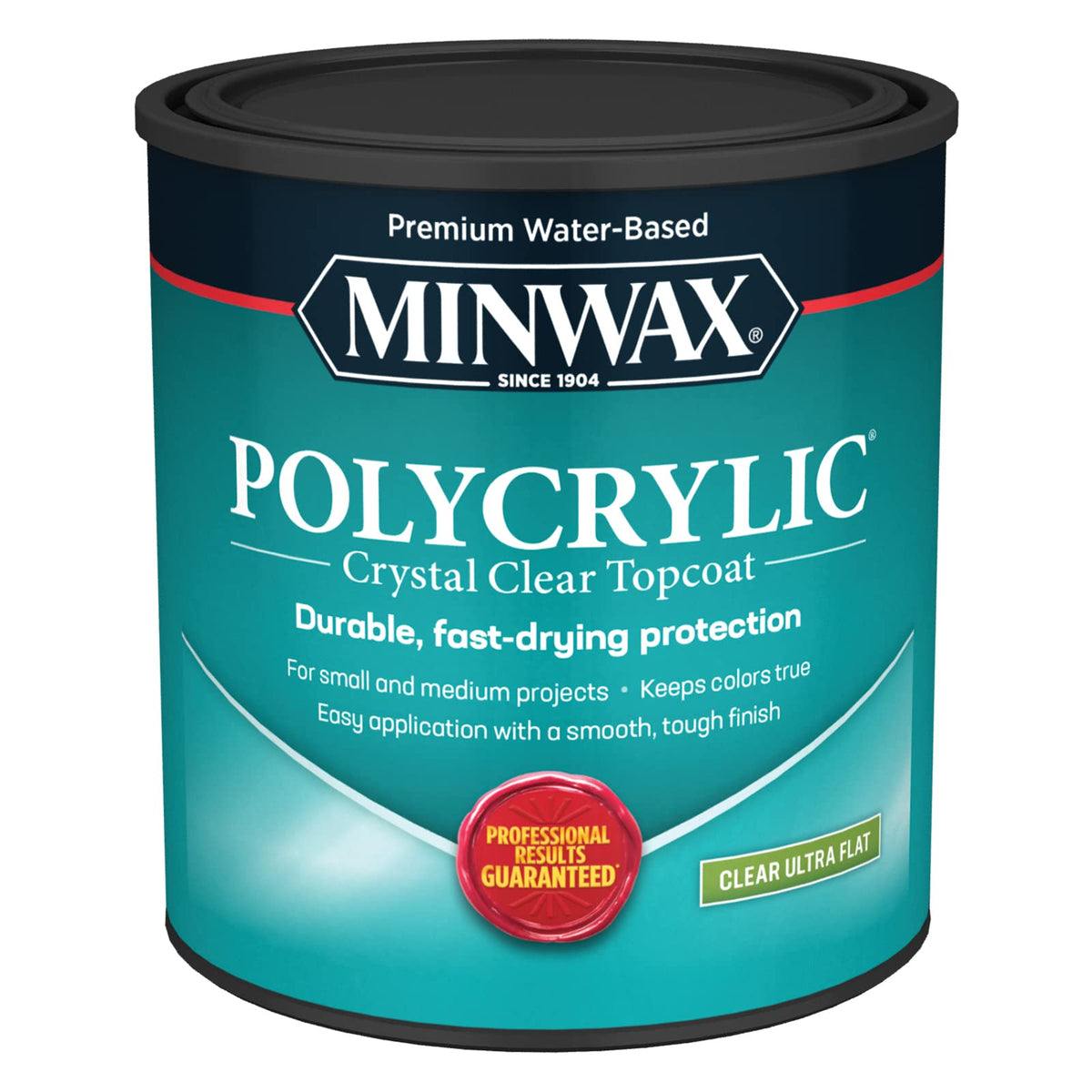 Minwax Polycrylic finish in open can shows a crystal-clear ultra-flat coating for wood.