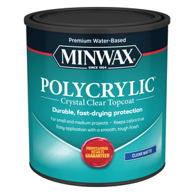 Minwax Polycrylic protective finish bottle shows crystal-clear protection for wood
