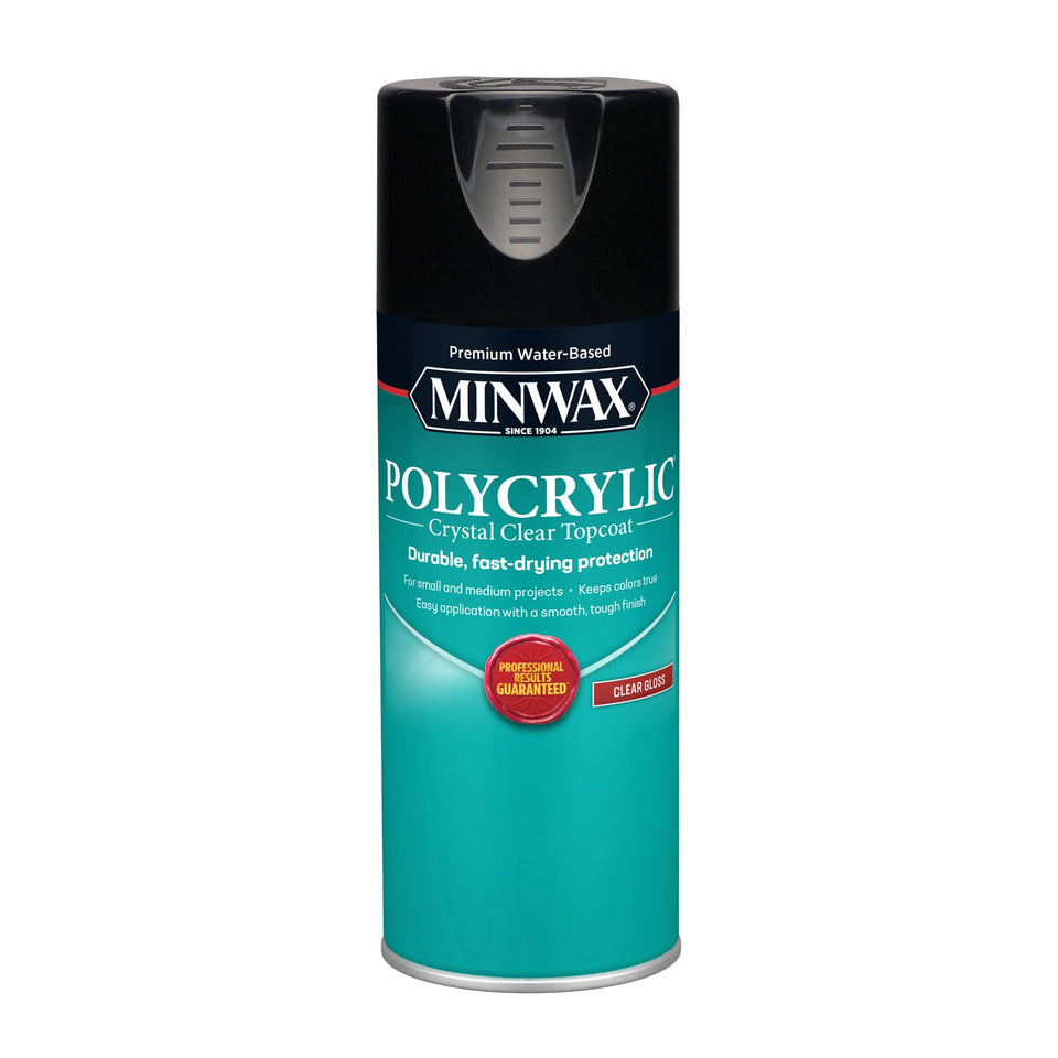 Minwax Polycrylic spray can delivering a crystal-clear finish for interior wood projects