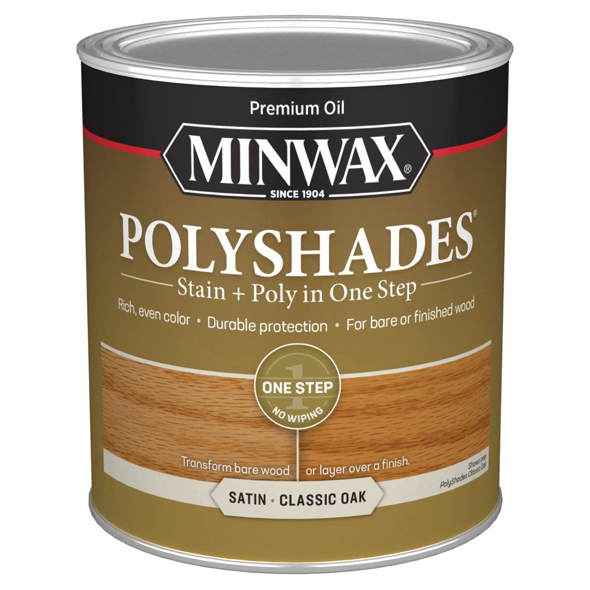 Minwax PolyShades bottle close-up showing stain color and polyurethane protection in one step.