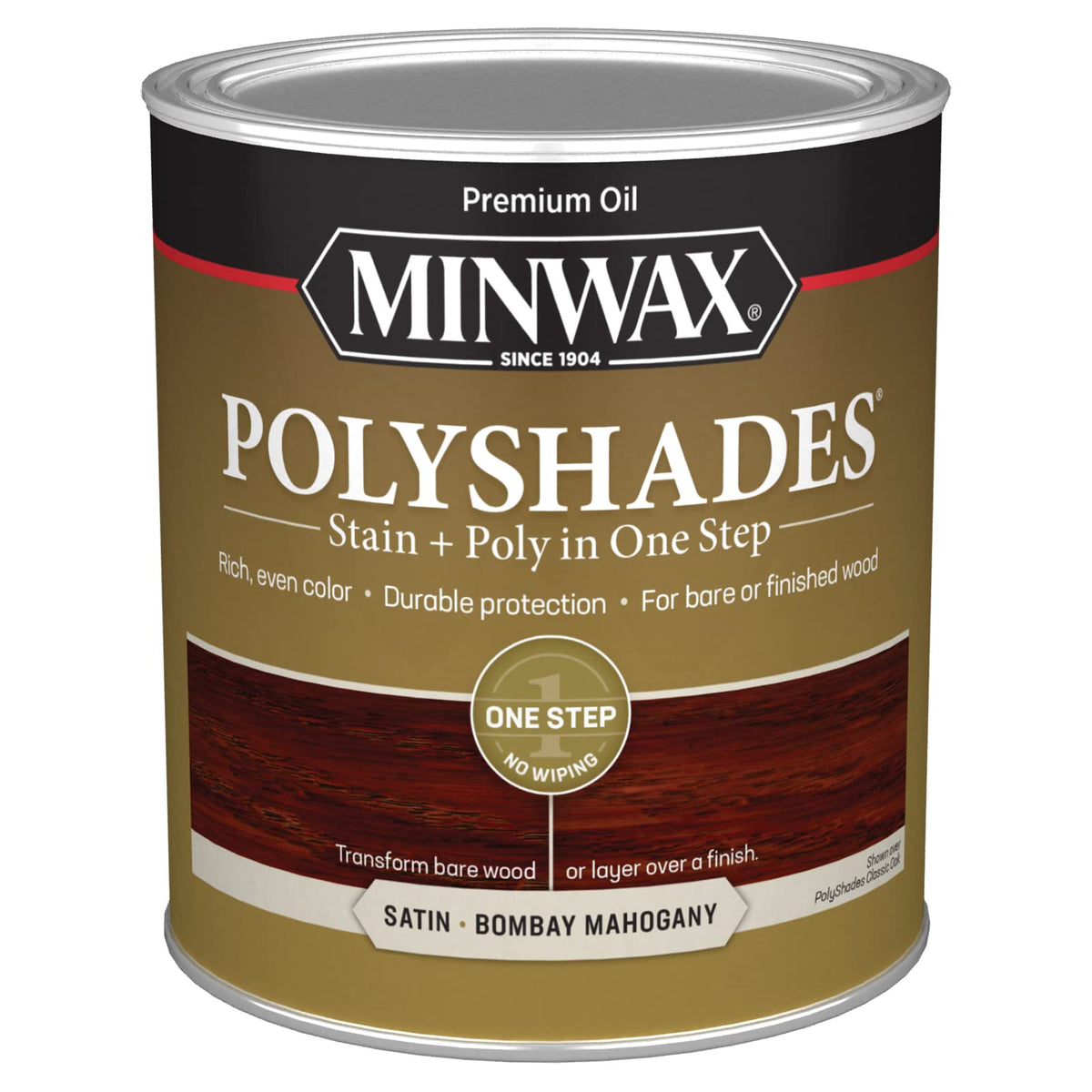 Minwax PolyShades bottle pour shows one-step stain and polyurethane finish.