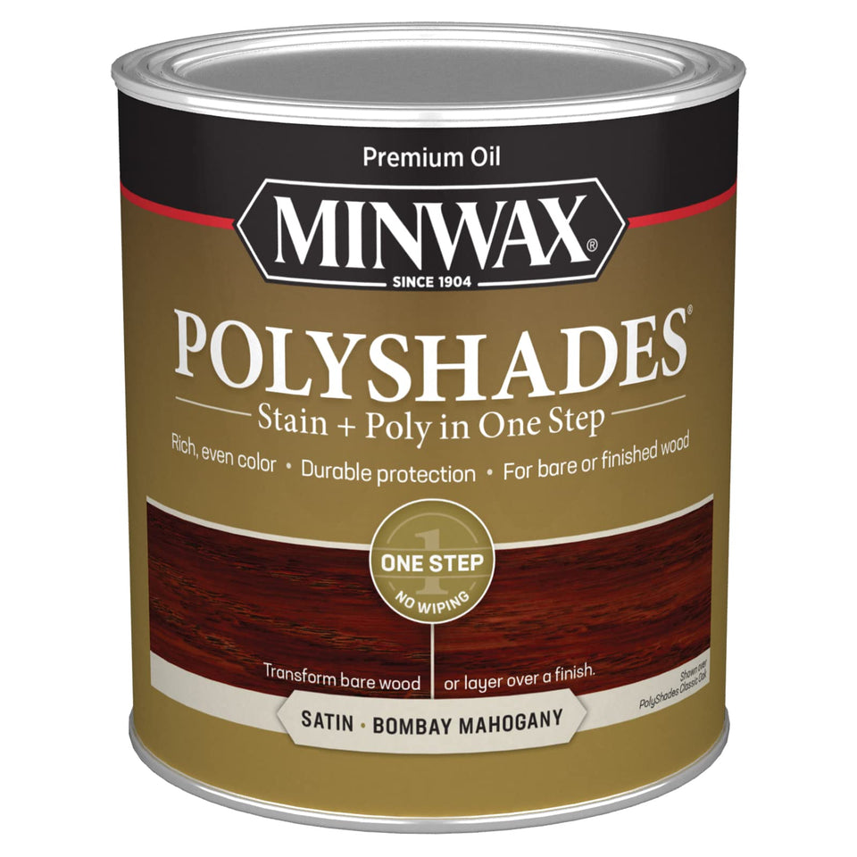 Minwax PolyShades bottle pour shows one-step stain and polyurethane finish.