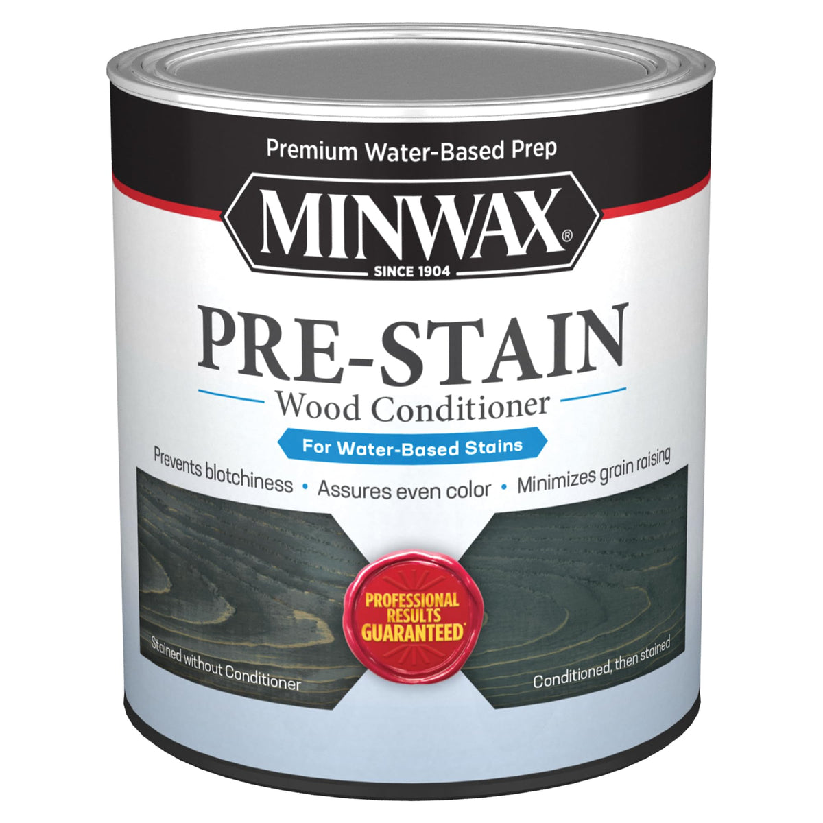 Minwax Water-Based Pre-Stain Conditioner bottle close-up for uniform stain results.