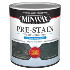 Minwax Water-Based Pre-Stain Conditioner bottle close-up for uniform stain results.