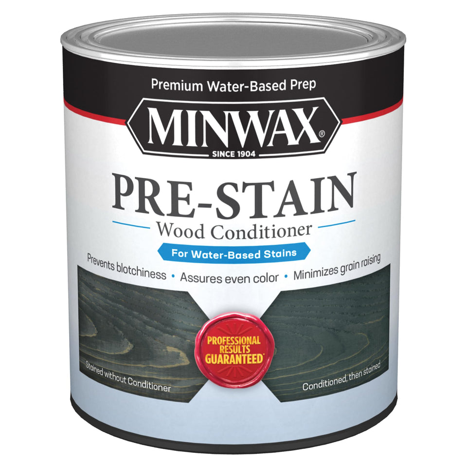 Minwax Water-Based Pre-Stain Conditioner bottle close-up for uniform stain results.