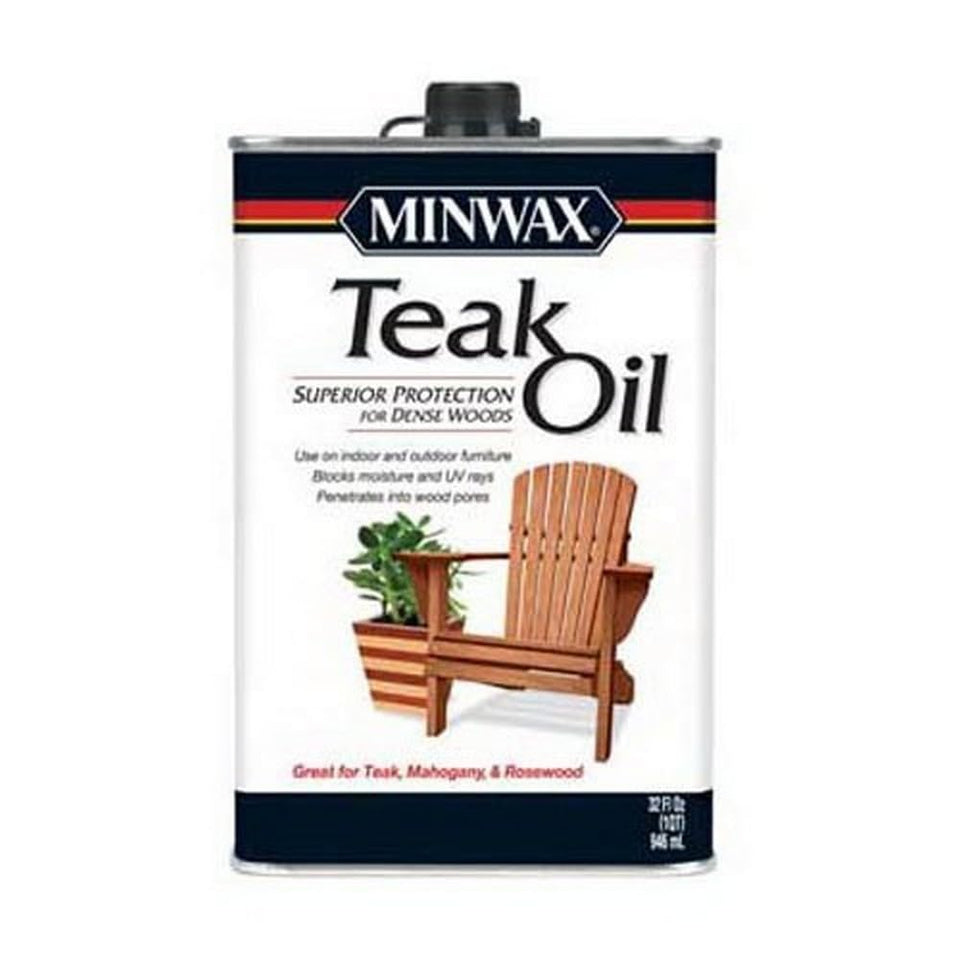 Minwax Teak Oil bottle pour demonstrates easy application for a clean finish