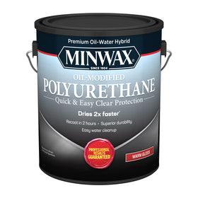 Minwax Water-Based Oil-Modified Polyurethane bottle pour for smooth, quick coat application.