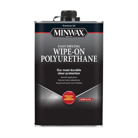 Minwax wipe-on poly gloss bottle showing a durable clear wood finish