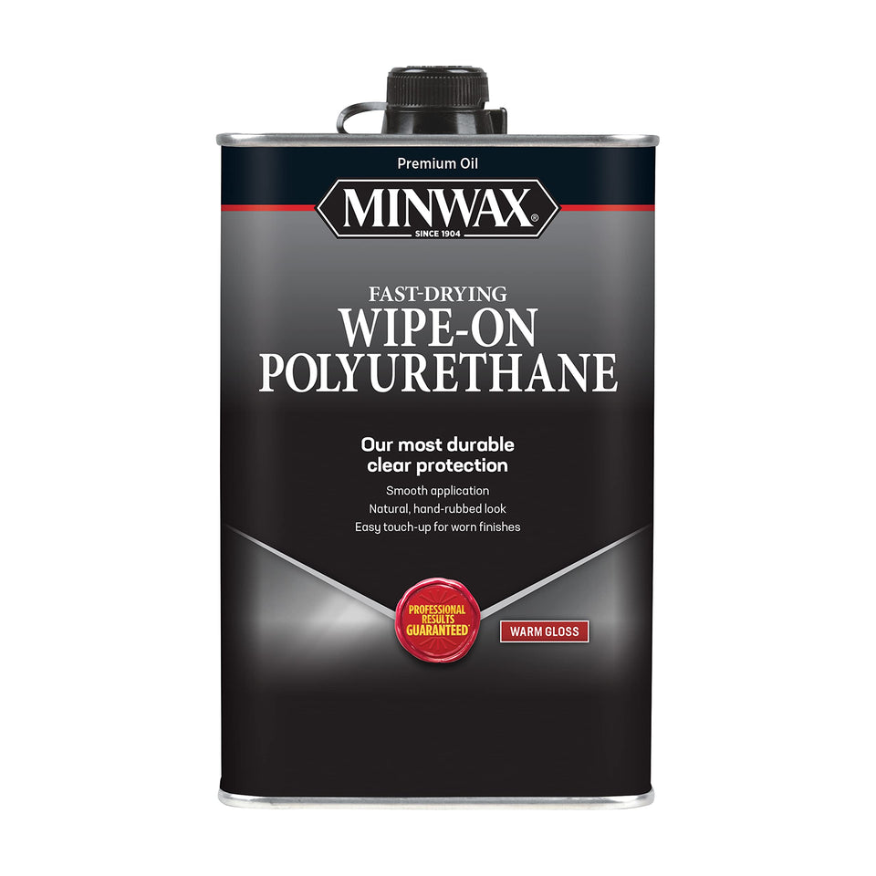 Minwax wipe-on poly gloss bottle showing a durable clear wood finish
