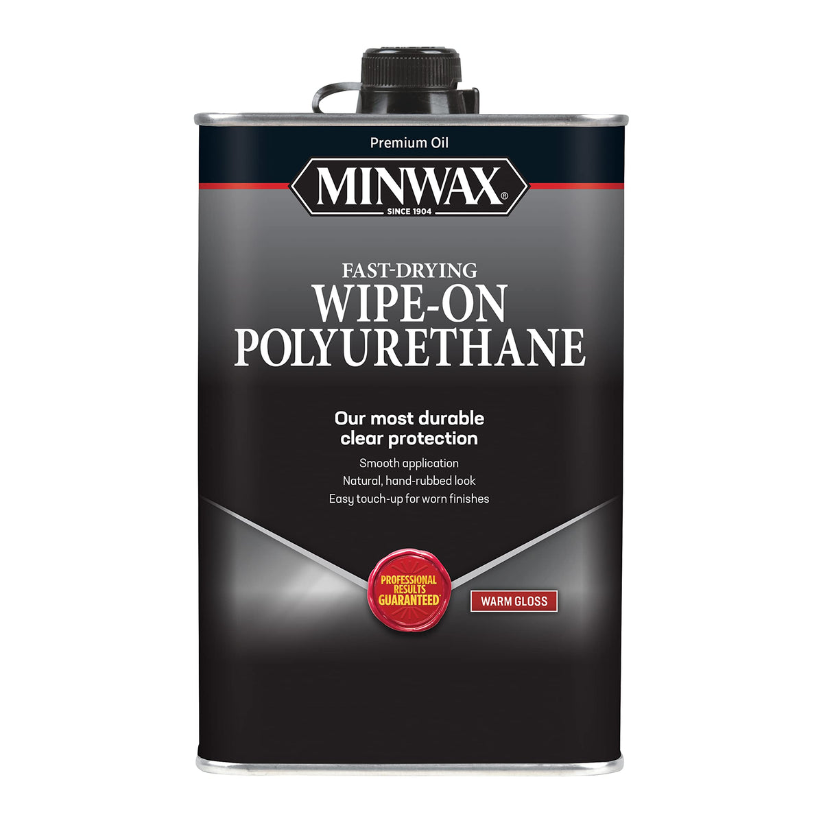 Minwax wipe-on poly gloss bottle close-up showing durable finish for wood protection.