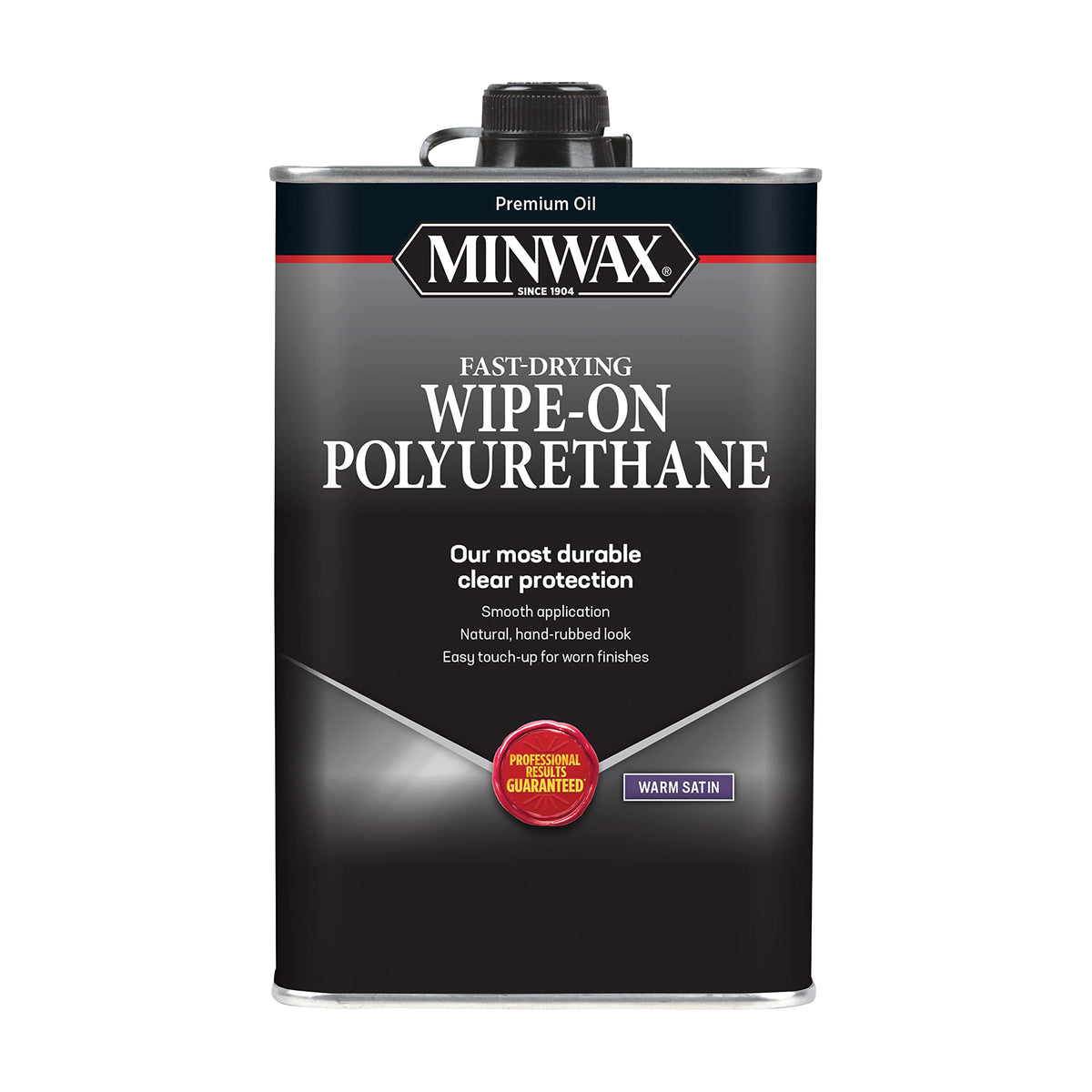 Minwax wipe-on polyurethane satin bottle showing easy wipe-on application for a smooth finish