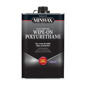 Minwax wipe-on polyurethane satin bottle showing easy wipe-on application for a smooth finish