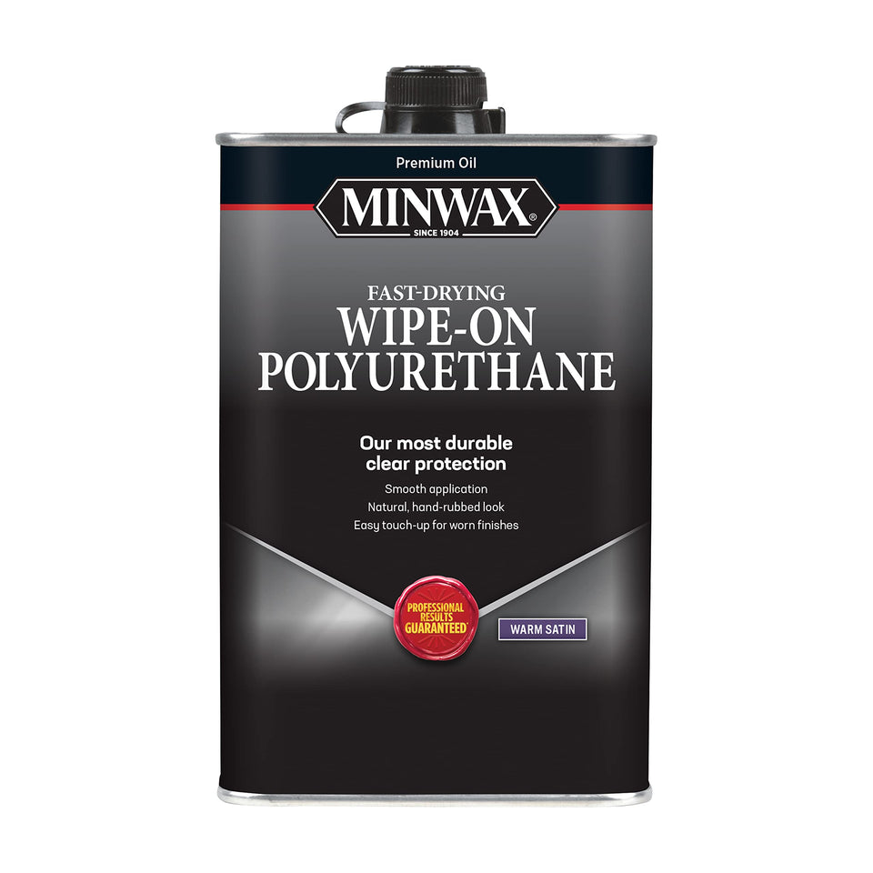 Minwax wipe-on polyurethane satin bottle showing easy wipe-on application for a smooth finish